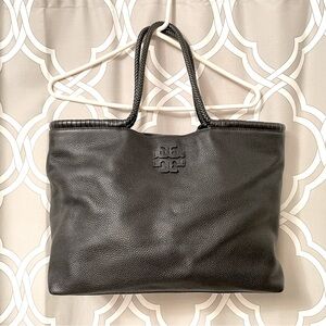TORY BURCH Taylor Large Logo Tote Bag Shoulder Travel Black Pebble Leather EUC
